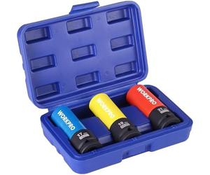 WORKPRO 1/2" Drive Lug Nut Impact Socket Set, 3 Pcs Thin Wall Nut Sockets, Metric Protective Wheel Nut Socket 17mm, 19mm, 21mm with Storage Box, Cr-Mo Steel Sockets for Impact Drill, Torque Wrench