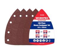 WORKPRO 100-Piece Sanding Sheets | Hook and Loop Mouse Sander Pads with 40/80/120/180 Grits | 10x15cm Sandpaper with 11 Dust Extraction Holes | Compatible with Bosch Multi-Sander PSM 100A, PSM 200 AES