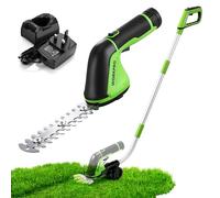 WORKPRO 12V Cordless Hedge Trimmer & Grass Shear, 2-in-1 Small Shrub Trimmer with Wheeled Extension Pole and Removable 2Ah Battery for Shrubing, Trimming and Pruning