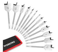 WORKPRO 13pc Spade Drill Bit Set, 1/4" Hex Shank, 1-1/2" Max Cutting Diameter, Carbon Steel, Polished Finish, For Woodworking