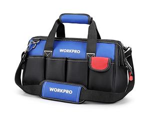 WORKPRO 14-inch, Small Tool Bag Organiser, Multi-Purpose Wide Open Mouth Storage Bag, Waterproof Electricians Tool Bag with Adjustable Shoulder Strap