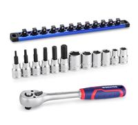 WORKPRO 14-Piece 3/8" Drive Metric Sockets and Ratchet Set -Including 12 Short Sockets ＆ Bit Sockets, 72 Teeth Ratchet Wrench Set with Magnetic Socket Rail for Home Repair