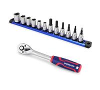 WORKPRO 14-Piece 3/8" Drive Metric Sockets and Ratchet Set -Including 12 Short Sockets ＆ Bit Sockets, 72 Teeth Ratchet Wrench Set with Magnetic Socket Rail for Home Repair