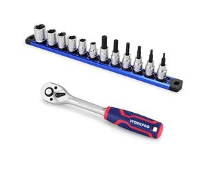 WORKPRO 14-Piece 3/8" Drive Metric Sockets and Ratchet Set -Including 12 Short Sockets ＆ Bit Sockets, 72 Teeth Ratchet Wrench Set with Magnetic Socket Rail for Home Repair