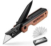 WORKPRO 2-in-1 Pocket Knife Folding Utility Knife Aluminium Folding Knife with Wooden Handle & Belt Clip, Liner Lock, Quick Change, Includes 10 Additional Blades