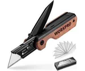 WORKPRO 2-in-1 Pocket Knife Folding Utility Knife Aluminium Folding Knife with Wooden Handle & Belt Clip, Liner Lock, Quick Change, Includes 10 Additional Blades