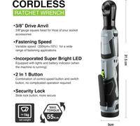 WORKPRO 3/8" Cordless Ratchet Wrench Set, Electric Wrench with 7 Sockets, Extension Bar and Drive Adapter, 1 H Fast Charger, 12 V Powered Ratchet Wrench 55 N·m, 2.0 Ah Lithium-Ion Battery