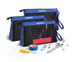 WORKPRO 3-Pack 12" Tool Pouch Bags with Zipper, Heavy-Duty Small Tool Bags, Portable Tool Organizers and Storage, Black