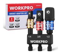 WORKPRO 3-Piece Impact Socket Adapter Set, 1/4" Hex Shank Bit Adapters with Holder, High Speed Nut Driver 1/4", 3/8" and 1/2" Drive, Impact Wrench Adapter for Automotive Drill & Impact Driver