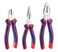 WORKPRO 3-Piece Pliers Set, 160mm Long Nose, 160mm Diagonal Cutting, 180mm Combination, Soft Grip, Blue, Red, Carbon Steel, for DIY Household Repair