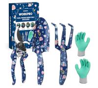 WORKPRO 4 Piece Garden Tools Set, Stainless Steel Hand Tools with Ergonomic Handle, Including Pruner, Trowel, Hand Fork, and Gardening Gloves-Blue