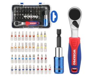 WORKPRO 43-Piece Mini Ratchet Wrench Screwdriver Bits Set, 1/4" Drive Mini Ratcheting Screwdriver, 90 Degree Small Reversible Drive Handle with Torx, Phillips, Flat Head, Pozidrive, Hex Bits