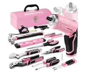 WORKPRO 73-Piece Tool Set With Cordless 3.7V Screwdriver, Pink Kit With Suitcase for Home, Durable, Long Lasting, Perfect for DIY, Home Repair