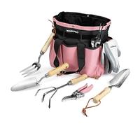 WORKPRO 8-Piece Garden Tools Set, Stainless Steel Hand Gardening Tools with Wooden Handle, Including Gloves, Trowel, Weeder, Hand fork, Hand Rake, Transplanter, Pruner and Garden Bag