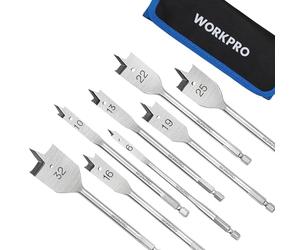 WORKPRO 8-Piece Spade Drill Bit Set, Carbon Steel Heavy Duty Flat Wood Drill Bit Set, 1/4 inch Quick Change Hex Shank Woodworking Drilling Flat Bits Blades Kit