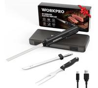 WORKPRO Cordless Electric Knife Set, 8V Electric Bread Knife with 2 Stainless Steel Blades & Fork, Electric Carving Knife for Ham, Steak & Bread, Storage Case Included, Black