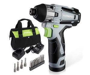 WORKPRO Cordless Impact Drill Kit, 1/4” Hex Electric Impact Drill Set with 12V 2.0Ah Lithium-ion Battery, 1 Hour Fast Charge, Variable Speed, 14pc Driver Bits and Tool Bag (UK 3-pin Plug)