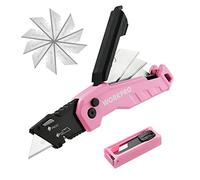 WORKPRO Folding Utility Knife, Aluminium Box Cutter, Pink | 13 SK5 Blades, Quick-Change Blades, Belt Clip, Blade Storage, Safety-Lock Design, Portable, Lightweight, Ideal Gift