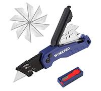WORKPRO Folding Utility Knife, Aluminum Box Cutter, Blue | 13 SK5 Blades, Quick-Change Blades, Belt Clip, Blade Storage, Safety-Lock Design, Portable, Lightweight, Ideal Gift