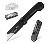 WORKPRO Folding Utility Knife, Box Cutter with Quick-Change Mechanism, G10 Handle, Includes 10 SK5 Blades, Ideal for Cutting Leather, PVC, Paper, Black
