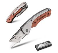 WORKPRO Folding Utility Knife with Wooden Handle, Box Cutter with Belt Clip and Liner Lock Design, Includes 10 Blades