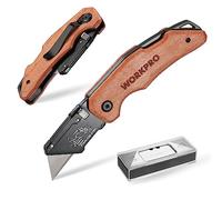WORKPRO Folding Utility Knife with Wooden Handle, Quick-Change Box Cutter with Stainless Steel Head & Back Lock, Includes 10 Blades