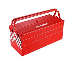 WORKPRO Metal Tool Box, 18-inch Cantilever Folding Red Storage Box, 3-Layer 5-Tray Multi-Function Tool Organizer, Red