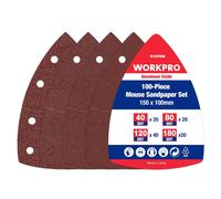 WORKPRO Pack of 100 Sandpaper Triangle Sanders, Velcro Sanding Sheets Delta 105 x 152 mm Set for Multi Sanders, Triangle Sanders, Grit 40, 80, 120, 180 for Sanding, Polishing, Paint Removal of Wood