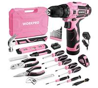 WORKPRO Pink Tool Set with Power Drill, 108PCS Portable Ladies Pink Drill Kit for Home with Toolbox including Pink Hammer, 1.5 Ah Cordless Hand Drills with Keyless Chuck and Variable Speed Trigger