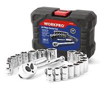 WORKPRO Socket Set 3/8" Ratchet Drive Sockets Wrench, 11pc Metric & 10pc SAE Sockets, Extension Bar Spark Plug Rachet Set Spanners with Blow Molded Case