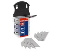 WORKPRO Trapezoid Blade Set, 100-Pack SK5 Stainless Steel Blades, 0.6mm Thickness, in Dispenser, Replacement Blades for Utility Knives