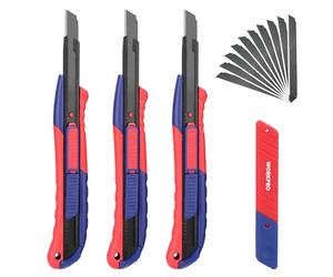 WORKPRO Utility Knife Set, 3-Pack 9 mm Box Cutters with 10 SK5 Replacement Blades, 2-in-1 Professional Snap-Off Knives with Comfort Grip and Stainless Steel Rail, for Paper and Cardboard