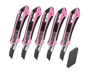 WORKPRO Utility Knife Set, 5-Pack 18 mm Box Cutters with 20 SK5 Replacement Blades, Professional Snap-Off Utility Knives with Rubber Grip, for Cutting Paper and Cardboard, Pink