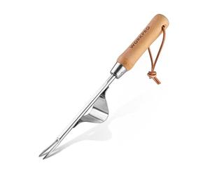 WORKPRO Weed Remover Tool, Metal Leverage Base and V-Shaped Forks for Easy Weed Removal & Deeper Root Digging, Heavy Duty Stainless Steel Weeder with Wood Handle, Manual Hand Weeder for Gardening