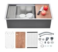 Workstation Kitchen Basin - 30 Inch Undermount Single Bowl, 16 Gauge Stainless Steel - Integrated Ledge - Deep Basin - Includes Accessories -19 x 30 x 10 Inch