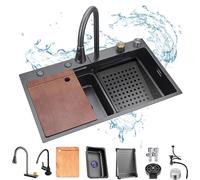 Workstation Kitchen Sink with Pull-Out Faucet, Chopping Board & Cup Washer, Single Bowl Dishwasher Basin for Home Use