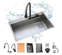 Workstation Kitchen Sink with Pull-Out Faucet, Chopping Board & Cup Washer, Single Bowl Dishwasher Basin for Home Use