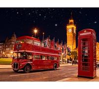 WorksyZen Magic Serene Moonlight Beach 5D Diamond Painting | Calming Night Scene with Ocean Waves, Rocks & Distant Lights | Seaside Full Drill DIY Wall Art for Relaxation (Red Telephone Box & Bus)