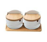 Worktop Salt Containers | Pack of 2 Ceramic Salt Containers Jar for Kitchen Container Portable Salt and Sugar Jar | with Spoon, Lid and Wooden Stand