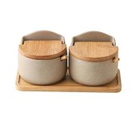 Worktop Salt Containers | Pack of 2 Ceramic Salt Containers Jar for Kitchen Container Portable Salt and Sugar Jar | with Spoon, Lid and Wooden Stand