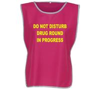 Workwear World 'Drug Round In Progress' Front/Back Printed Text Hi Vis Reflective Trimmed Border Medical Care Home Tabard (UK, Alpha, S, M, Regular, Regular, Raspberry/Yellow Print)