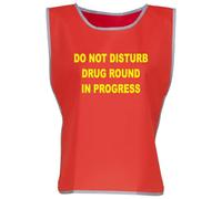 Workwear World 'Drug Round in Progress' Front/Back Printed Text Hi Vis Reflective Trimmed Border Medical Care Home Tabard (UK, Alpha, L, XL, Regular, Regular, Red/Yellow Print)