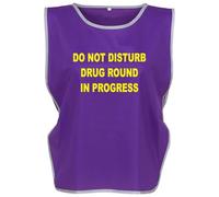 Workwear World 'Drug Round In Progress' Front/Back Printed Text Hi Vis Reflective Trimmed Border Medical Care Home Tabard (UK, Alpha, S, M, Regular, Regular, Purple/Yellow Print)