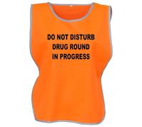 Workwear World 'Drug Round In Progress' Front/Back Printed Text Hi Vis Reflective Trimmed Border Medical Care Home Tabard (UK, Alpha, S, M, Regular, Regular, Orange/Black Print)