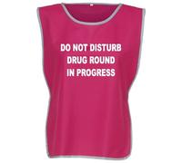 Workwear World 'Drug Round In Progress' Front/Back Printed Text Hi Vis Reflective Trimmed Border Medical Care Home Tabard (UK, Alpha, L, XL, Regular, Regular, Raspberry/White Print)