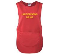 Workwear World 'I Am Dispensing Drugs' Front/Back Printed Text Medical Care Home Tabard (UK, Alpha, XXL, Regular, Regular, Red/Yellow Print)