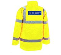 Workwear World WW353 Printed Reflective Security Badge Doorman Bouncer SIA Site Hi Viz Visibility Long Traffic Jacket Coat (Yellow, XXL)