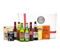 World Beer Gift Hamper Selection Box, Peroni, Mythos, Budweiser, Cobra, Estrella, Coors Light,1 Pint Glass, Crisps, Nuts, Cheddar Cheese Biscuit Snacks