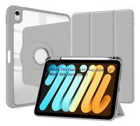 World biz Rotating Case for iPad mini (A17 Pro, 2024, 7th Generation) / mini 6 (2021, 6th Gen) Pencil Holder, 360 Degree Rotation Protective Trifold Stand Cover Clear, Auto Wake/Sleep (Grey)