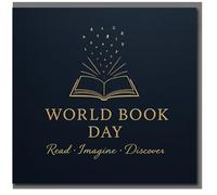 World Book Day Card - Read · Imagine · Discover - Elegant Navy and Gold Open Book Design for Lovers, Teachers and Classrooms